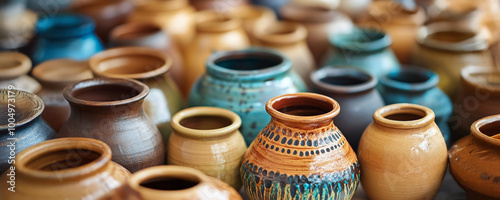 A Tapestry of Clay: A close-up of a vibrant collection of pottery, each piece showcasing unique textures, colors, and patterns. The image evokes a sense of artistic craftsmanship, cultural heritage.