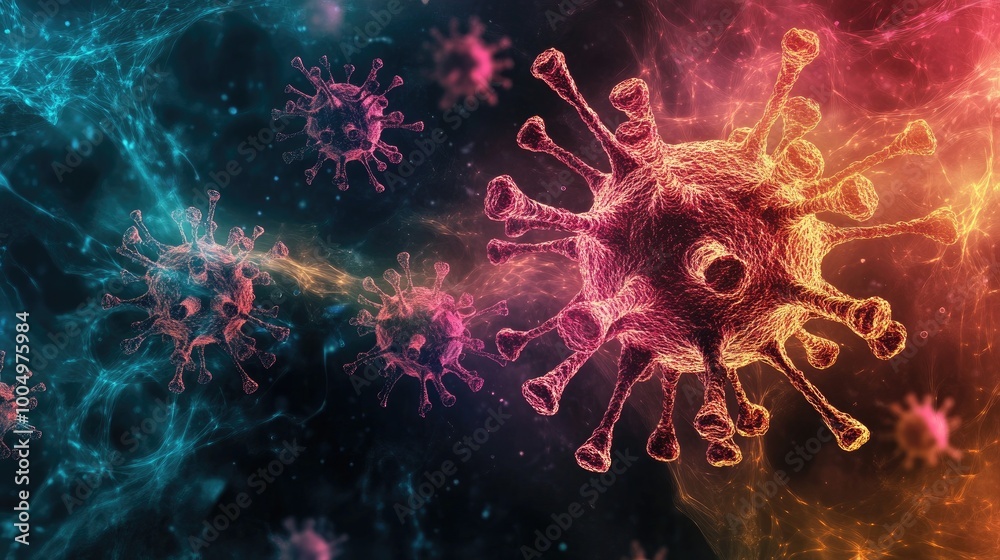 Mesmerizing abstract pattern of viruses spreading across a dynamic background, creating a visually captivating representation of disease Mesmerizing abstract pattern of viruses spreading across a dynamic background, creating a visually captivating representation of disease