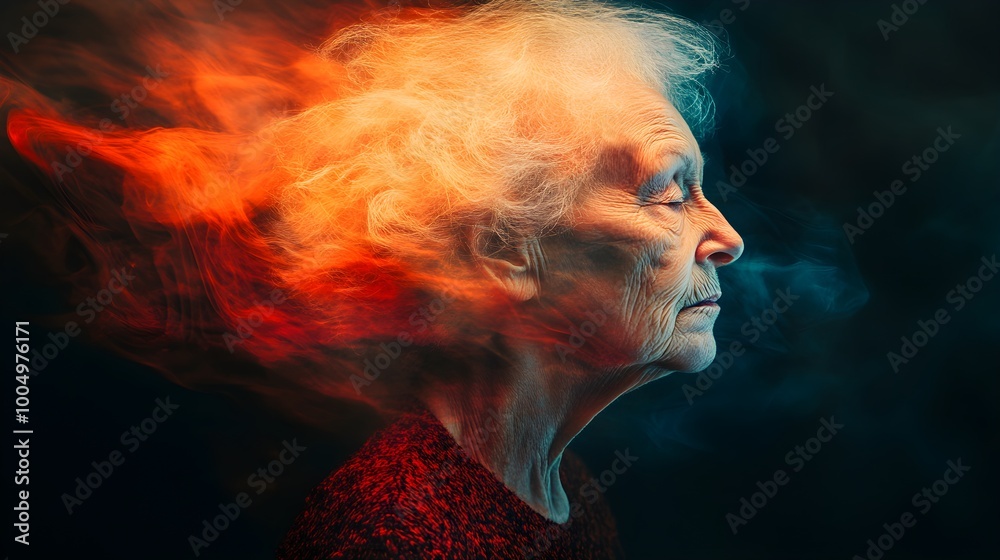 Abstract image of an elderly woman, her form fading into blurred colors and light, symbolizing the mental deterioration of Alzheimer's, somber mood Abstract image of an elderly woman, her form fading into blurred colors and light, symbolizing the mental deterioration of Alzheimer's, somber mood