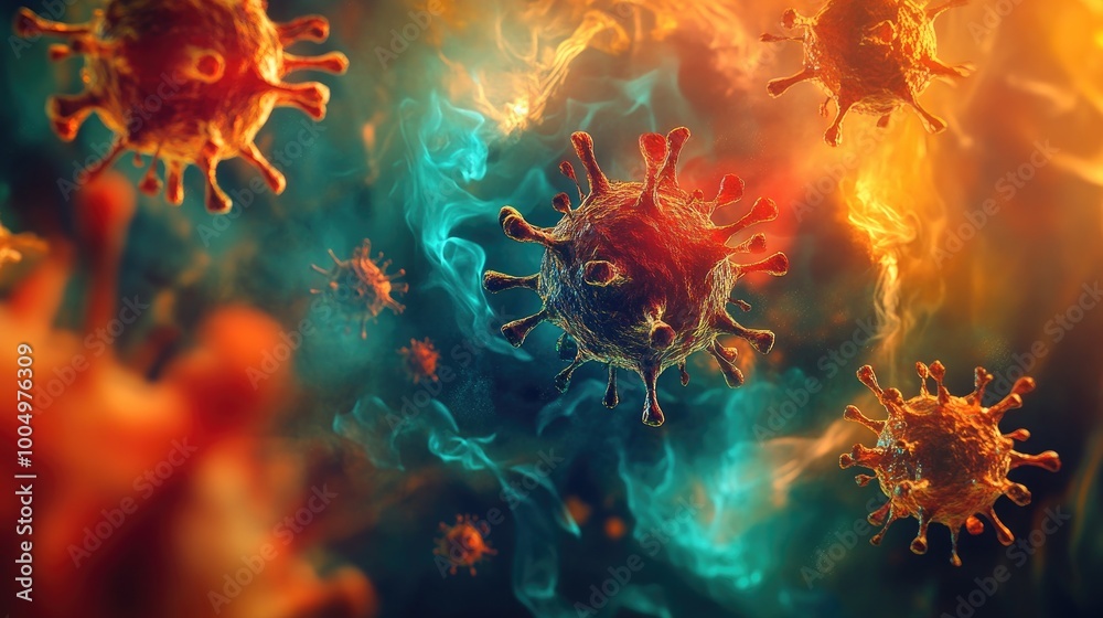 Stunning abstract pattern representing viruses or diseases in motion, set against a vibrant, dynamic background, evoking the concept of contagion Stunning abstract pattern representing viruses or diseases in motion, set against a vibrant, dynamic background, evoking the concept of contagion