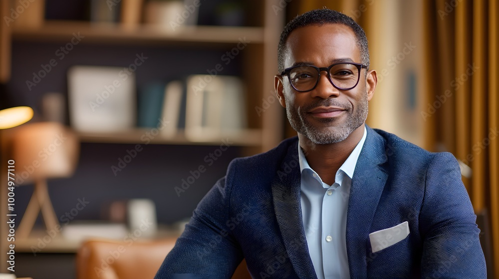 African American financial advisor on a video call from a home office, golden sunlight shining through the window, relaxed yet focused expression. Realistic, warm tones, soft focus, natural setting African American financial advisor on a video call from a home office, golden sunlight shining through the window, relaxed yet focused expression. Realistic, warm tones, soft focus, natural setting