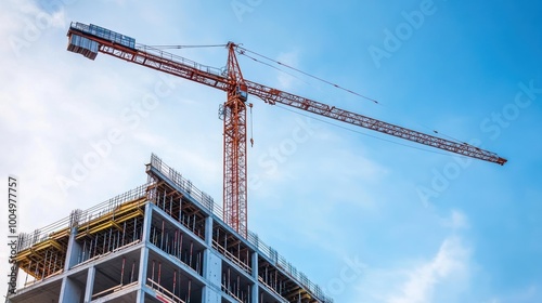 Crane and building construction site against blue sky