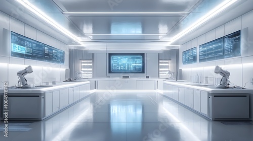 Sleek kitchen lab with robotic arms and holographic screens displaying nutrition info, minimalist design, white and silver tones, high-tech vibe, digital painting, futuristic
