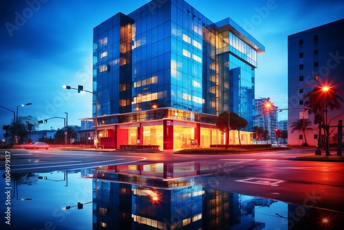 Modern glass building illuminated at dusk near city intersection with reflections in puddles