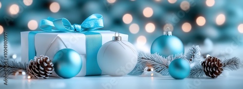 White Christmas gift box with a blue ribbon, surrounded by blue and white baubles, pinecones, and fir branches, set against a blurred festive background. Copy space available.