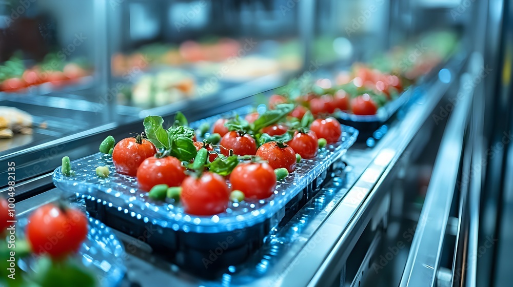 AI-powered sensors scanning food on a production line, ensuring temperature and texture meet safety standards. Futuristic manufacturing setup AI-powered sensors scanning food on a production line, ensuring temperature and texture meet safety standards. Futuristic manufacturing setup