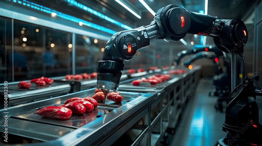 Fototapeta premium Advanced robotic arms inspecting food items on a conveyor belt, surrounded by holographic quality indicators, illuminated by neon blue lights, Cyberpunk, 3D rendering