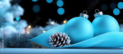 Two blue Christmas baubles resting on a light blue fabric with a pinecone and fir branch, set against a blurred festive background. Perfect for holiday decoration themes. Copy space available.