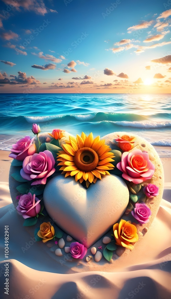 Fototapeta premium radiant heart-shaped arch adorned with sunflowers and roses
