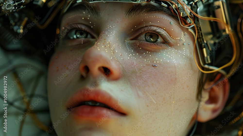 Cyberpunk Portrait: A Close-Up of a Human Face with Wires and Circuitry Cyberpunk Portrait: A Close-Up of a Human Face with Wires and Circuitry