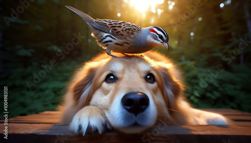 A playful golden retriever and a cat enjoying their time together on the beach, both looking happy and adorable