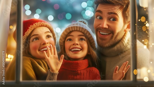 A joyful family enjoys a cozy winter evening, smiling and waving from behind a frosty window with a backdrop of twinkling lights and festive decorations in warm attire.
