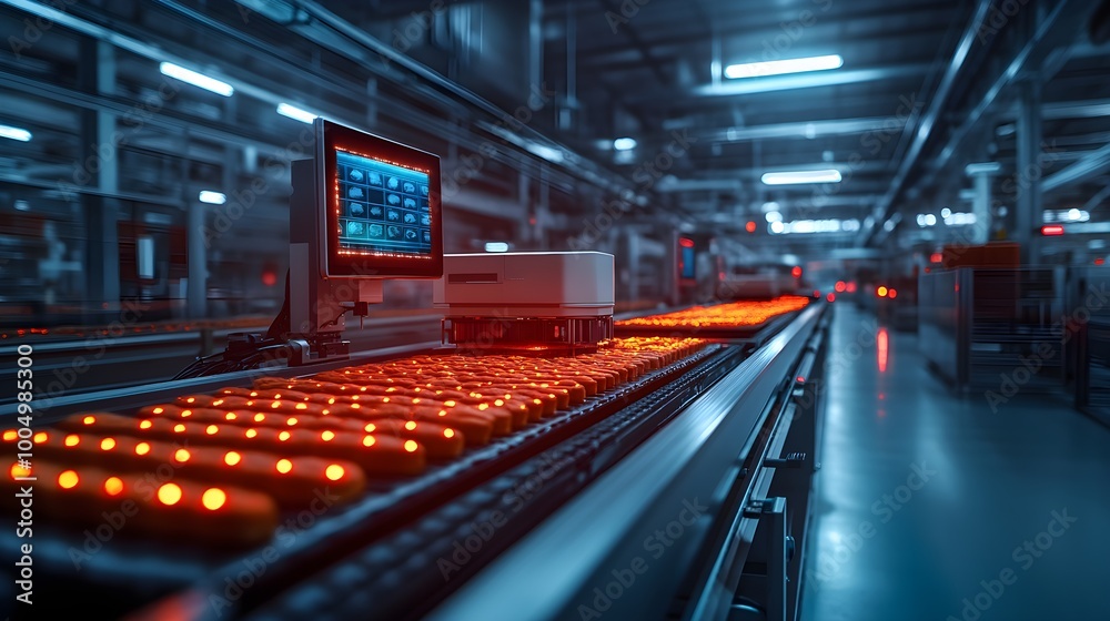 Robotic unit performing real-time X-ray inspection on bakery items, glowing X-ray screens, smooth conveyor belts in a high-tech factory