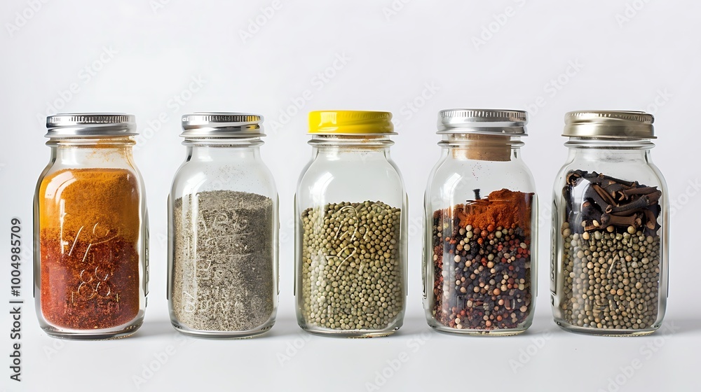 spices in glass jars on white background spices in glass jars on white background