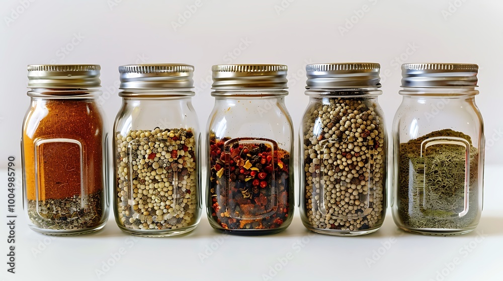 spices in glass jars on white background spices in glass jars on white background