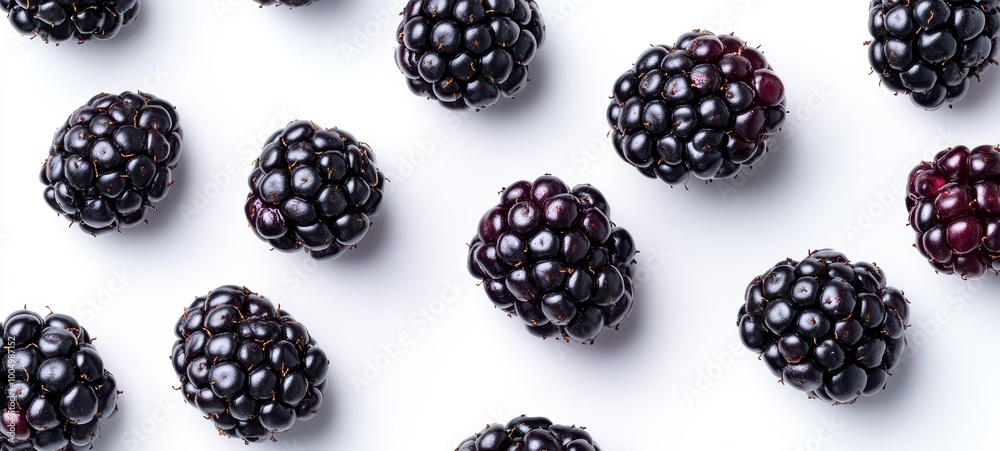 A bunch of plump blackberries with their deep, rich color, scattered on a white background A bunch of plump blackberries with their deep, rich color, scattered on a white background