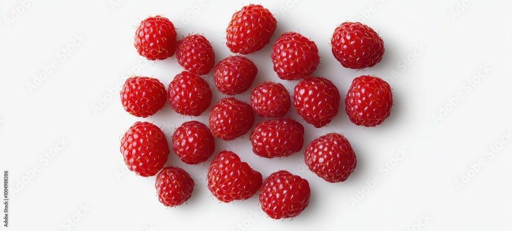 A cluster of bright red raspberries, arranged on a white background A cluster of bright red raspberries, arranged on a white background