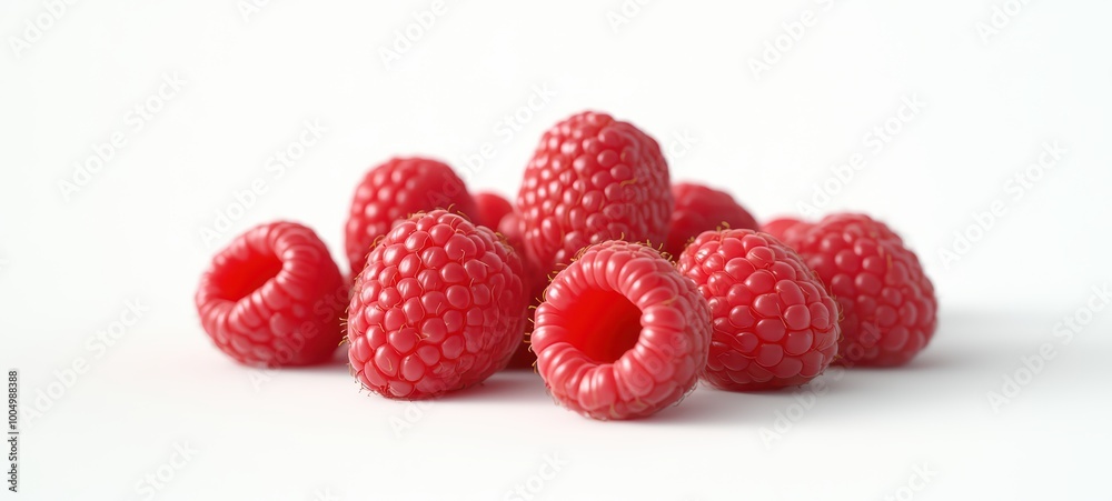 A cluster of bright red raspberries, arranged on a white background A cluster of bright red raspberries, arranged on a white background