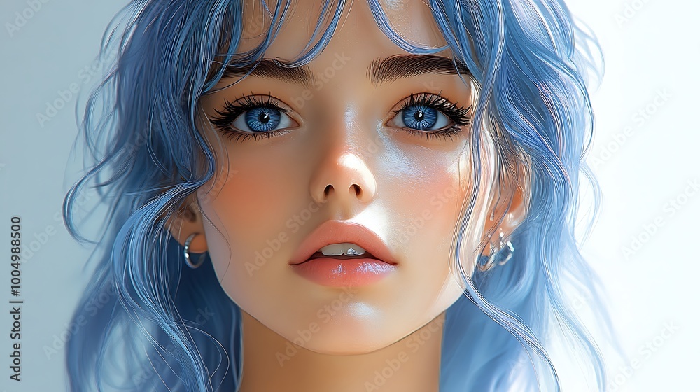 Digital Illustration of a Young Woman with Blue Hair and Eyes Digital Illustration of a Young Woman with Blue Hair and Eyes