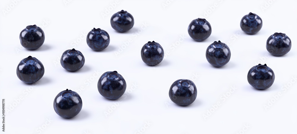 A collection of plump blueberries scattered across a white background A collection of plump blueberries scattered across a white background
