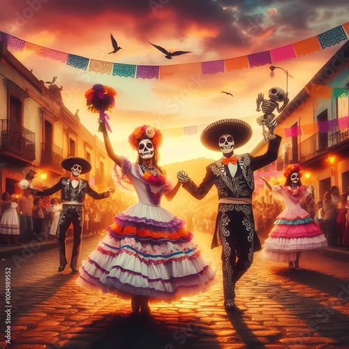celebration of the day of the dead dancers dressed as catrinas dance through the streets of a Mexican town, skeleton, Halloween, Day of the Dead, celebrations and traditions of Mexico, created with A.