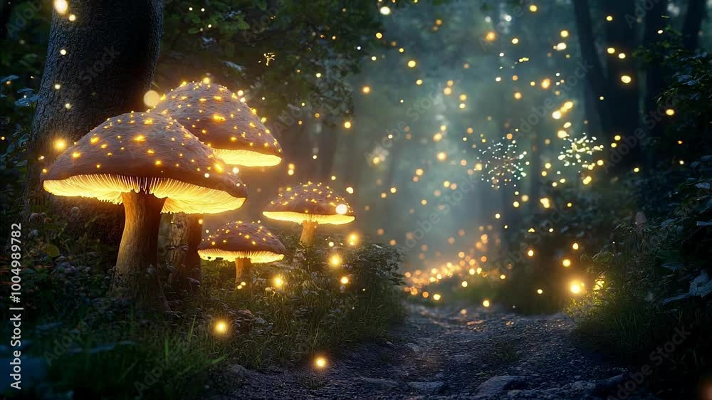Enchanted Forest with Glowing Mushrooms and Fireflies Looping
