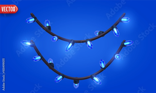 Festive Christmas Blue string lights brightly glowing. Realistic 3d New Year decorations garland isolated on rich blue background. vector illustration
