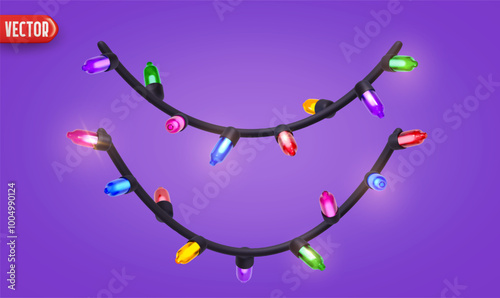 Festive Christmas colorful string lights brightly glowing. Realistic 3d New Year decorations garland isolated on rich lilac background. vector illustration