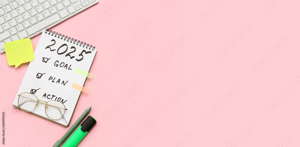 Notebook with to do list and computer keyboard on pink background with space for text. New year goals concept Notebook with to do list and computer keyboard on pink background with space for text. New year goals concept
