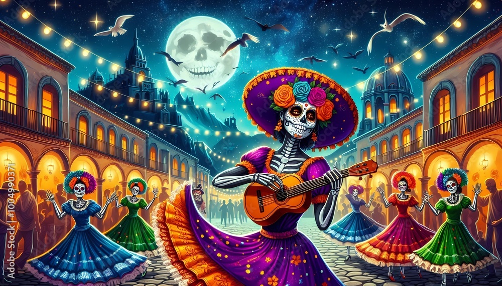 celebration of the day of the dead dancers dressed as catrinas dance through the streets of a Mexican town, skeleton, Halloween, Day of the Dead, celebrations and traditions of Mexico, created with A. celebration of the day of the dead dancers dressed as catrinas dance through the streets of a Mexican town, skeleton, Halloween, Day of the Dead, celebrations and traditions of Mexico, created with A.