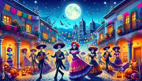 celebration of the day of the dead dancers dressed as catrinas dance through the streets of a Mexican town, skeleton, Halloween, Day of the Dead, celebrations and traditions of Mexico, created with A.