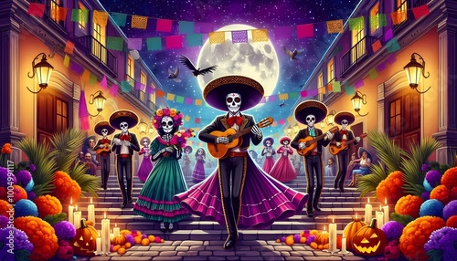 celebration of the day of the dead dancers dressed as catrinas dance through the streets of a Mexican town, skeleton, Halloween, Day of the Dead, celebrations and traditions of Mexico, created with A.