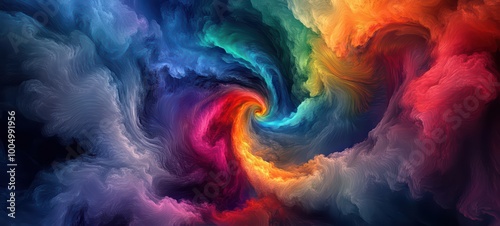 A dynamic swirl of multiple colors, including red, blue, green, and yellow, mixing and blending in a mesmerizing explosion on a white canvas