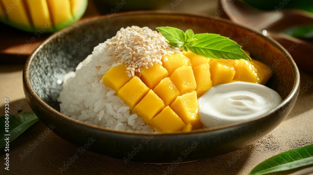 The perfect combination of soft sticky rice, golden mango, and rich coconut cream served on a ceramic plate, surrounded by elements of Thai culture, like bamboo mats and orchids. The perfect combination of soft sticky rice, golden mango, and rich coconut cream served on a ceramic plate, surrounded by elements of Thai culture, like bamboo mats and orchids.