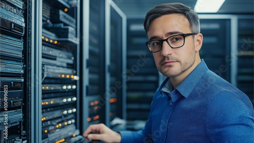 A man in a blue shirt and glasses stands focused in a dimly lit server room, surrounded by racks of blinking servers, symbolizing technology and innovation.