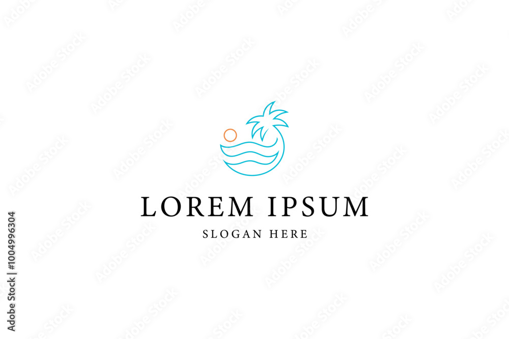 Fototapeta premium palm tree logo with water waves and sun in linear design style
