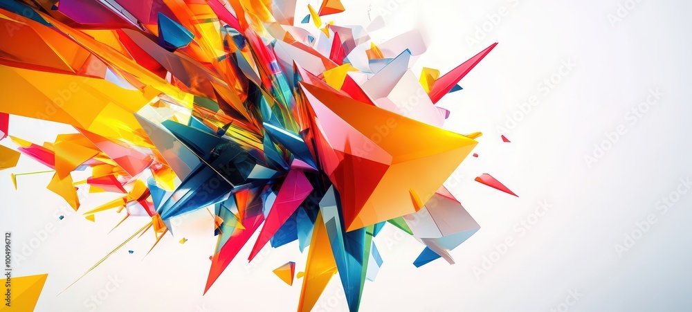 A geometric pattern featuring an explosion of colors in sharp, angular shapes, creating a striking contrast against a white background A geometric pattern featuring an explosion of colors in sharp, angular shapes, creating a striking contrast against a white background