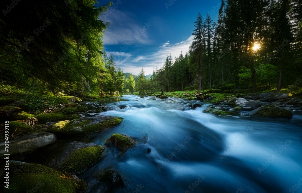 A river flows through a forest with tall trees and a blue sky with white clouds. A river flows through a forest with tall trees and a blue sky with white clouds.