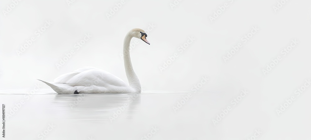 A graceful swan floating serenely on a white background A graceful swan floating serenely on a white background