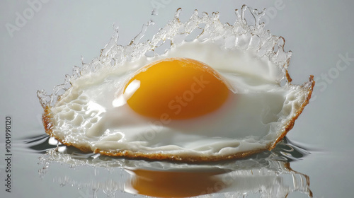 floating fried egg with vibrant yolk and delicate whites creates stunning visual effect as it splashes in water, evoking sense of freshness and culinary delight