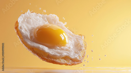 floating fried egg with bright yellow yolk and fluffy whites creates whimsical and appetizing visual. vibrant background enhances cheerful mood of this delightful dish