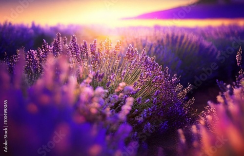 A field of lavender blooms at sunset, bathed in warm golden light. photo