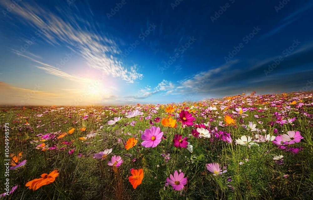 A vibrant field of wildflowers blooms beneath a clear blue sky and bright sun. A vibrant field of wildflowers blooms beneath a clear blue sky and bright sun.