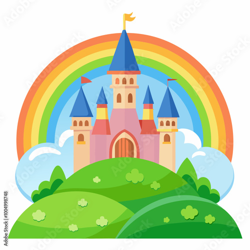 fairy tale castle on a hill with a rainbow 