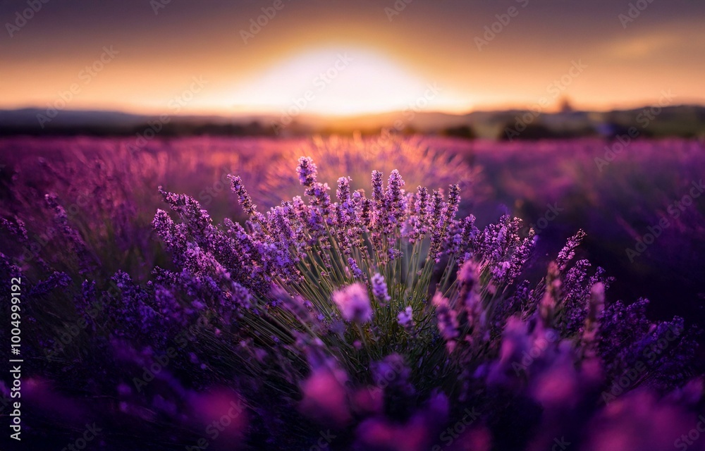 Fototapeta premium A field of lavender at sunset, with the sun shining brightly in the distance.