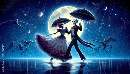 a couple of catrinas dancing in the rain, in the background the moon and a starry sky, Halloween, Day of the Dead, celebrations and traditions of Mexico, created with A.I. generative.