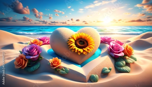 creative sandy heart design with flowers on a sunny beach