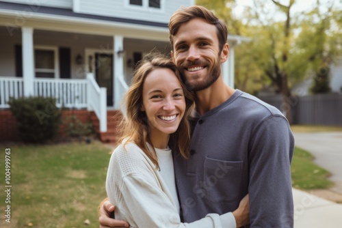 Portrait of a smiling American couple in front of house