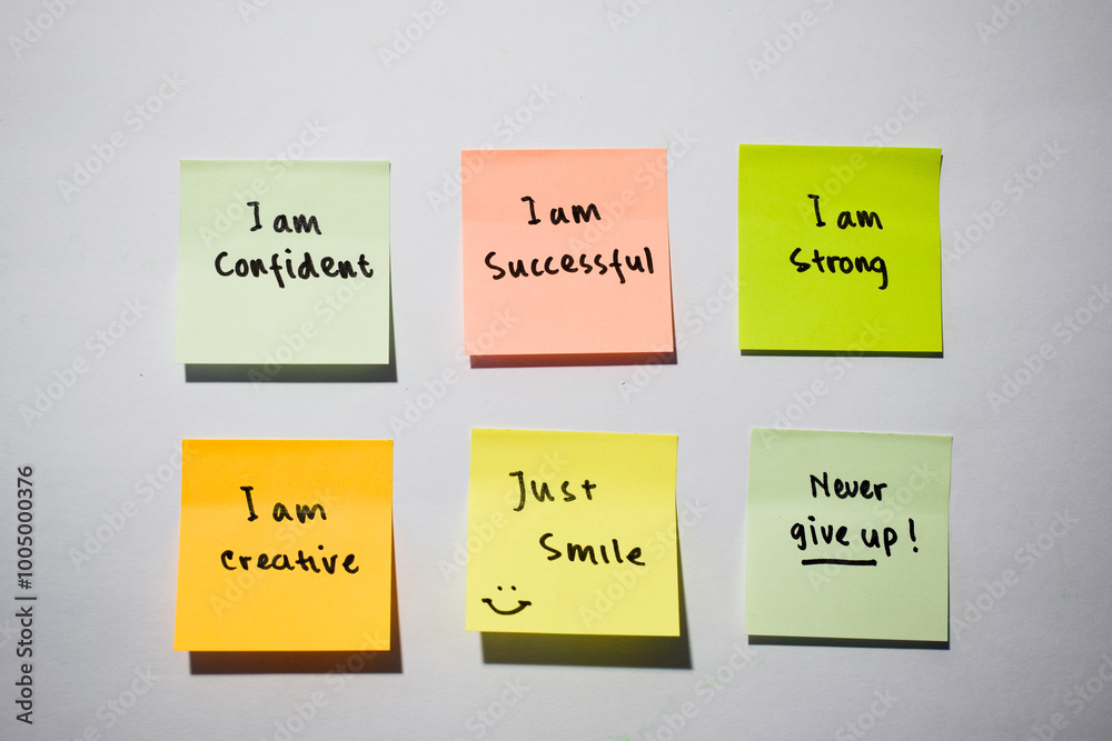 I am confident, I am strong, never give up with smile emoticon on sticky notes. Motivational for personal development, inspirational handwriting. Isolated background I am confident, I am strong, never give up with smile emoticon on sticky notes. Motivational for personal development, inspirational handwriting. Isolated background