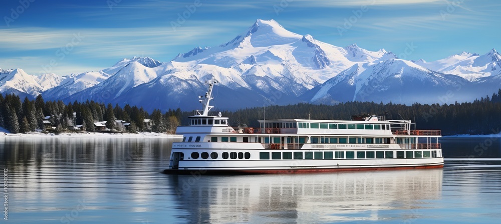 Scenic boat cruising on a tranquil lake with snow-capped mountains in the background Scenic boat cruising on a tranquil lake with snow-capped mountains in the background